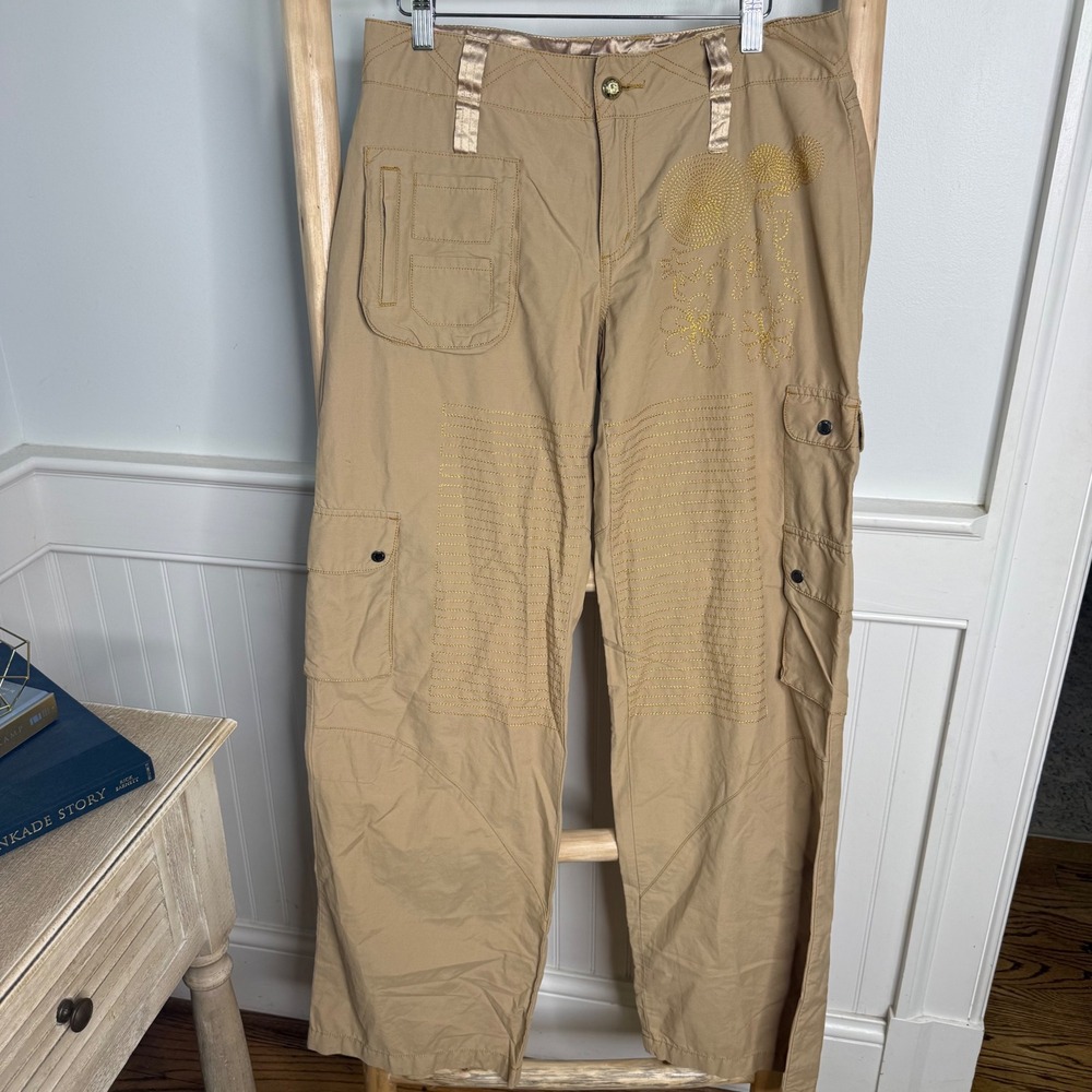 Miss Me Khaki Cargo Pants Embroidered Floral Wide Leg Tan Y2K P6142-NC Womens L